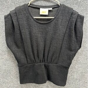Maeve Anthropologie Sera Pleated Black Textured Shoulder Cinched Waist Top,Small